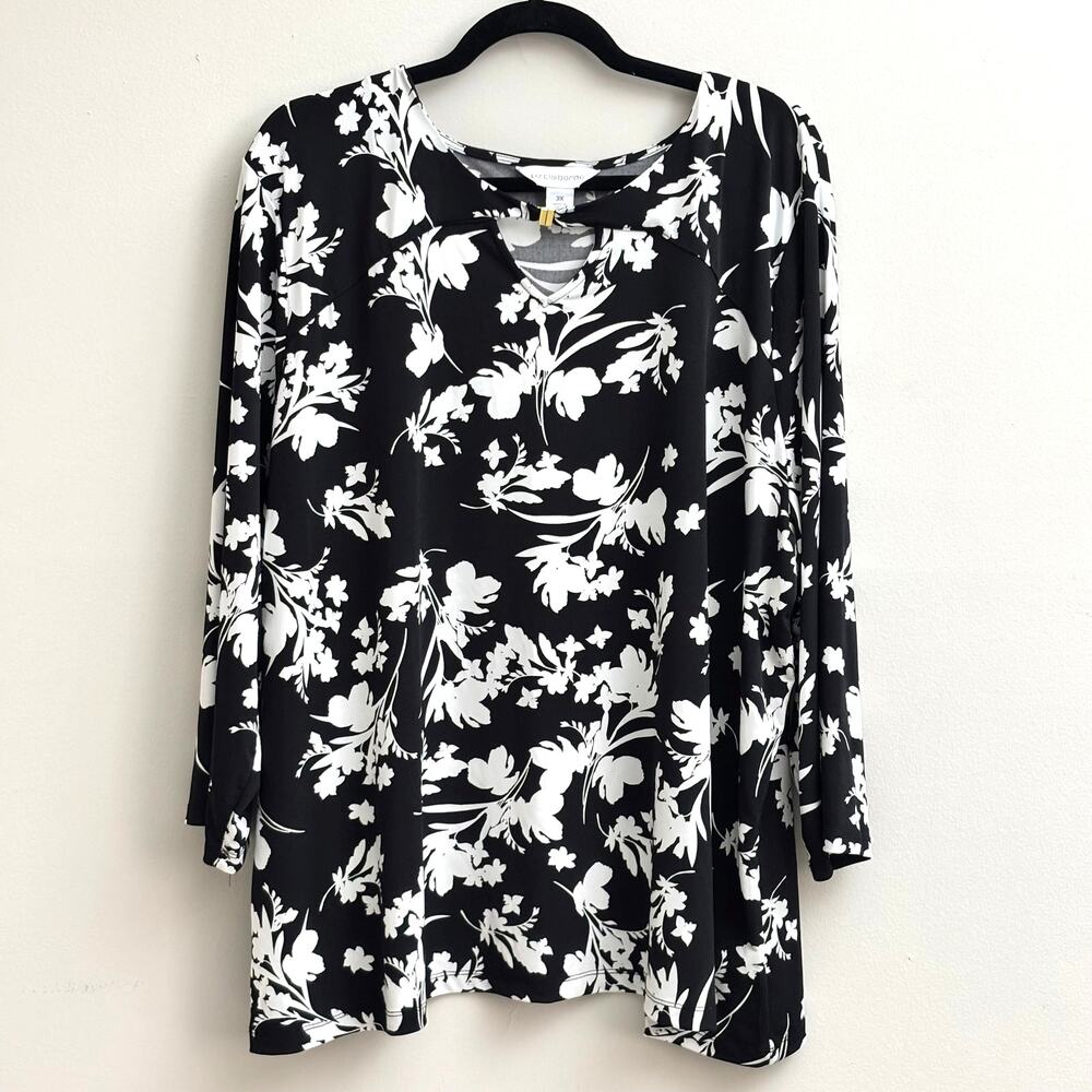Liz Claiborne Black & White Floral 3/4 Sleeve Crew Neck Blouse Plus Size 3X - Picture 1 of 7